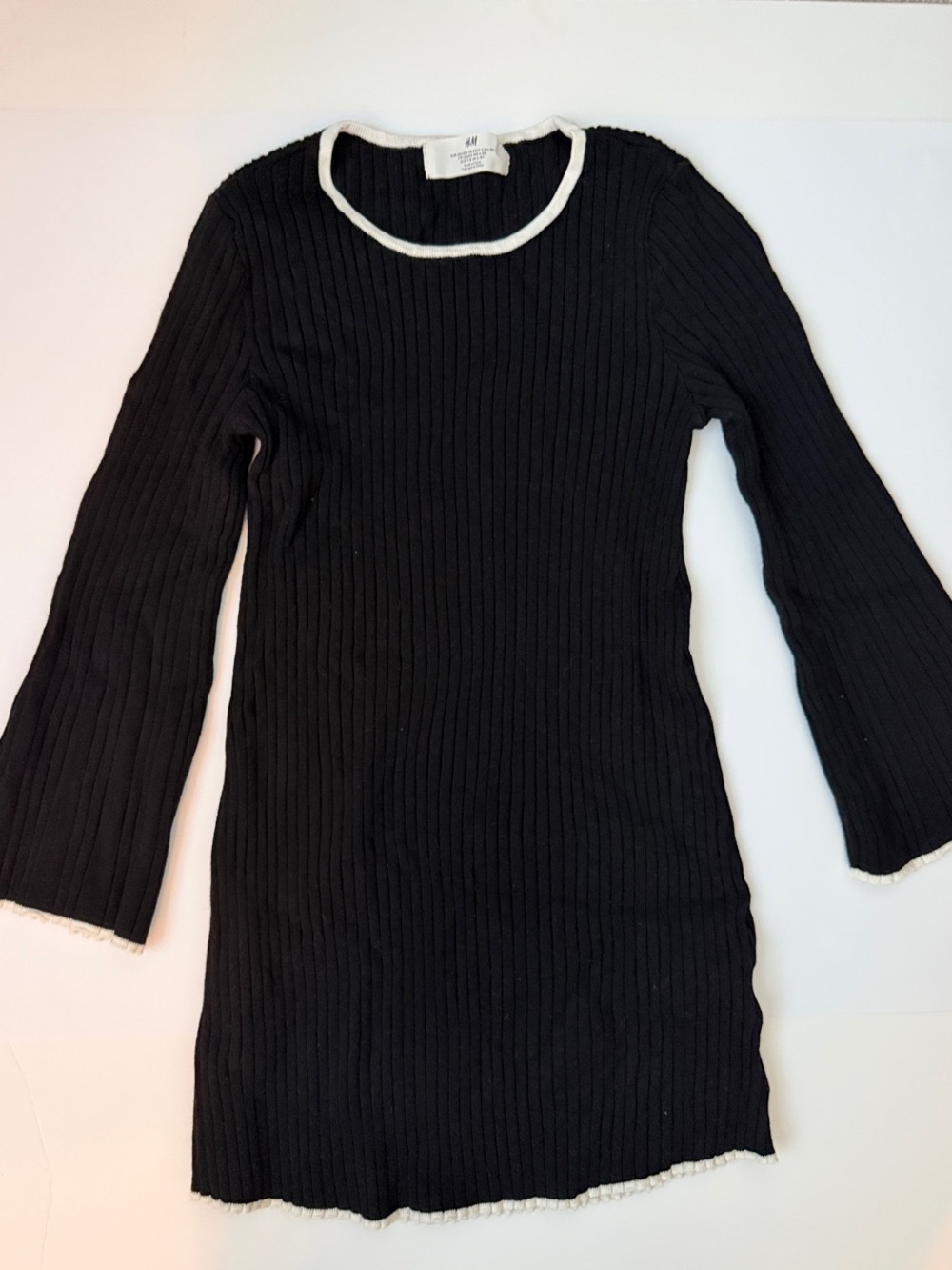 H&M Black Ribbed Long-Sleeve Girls Dress with White Trim